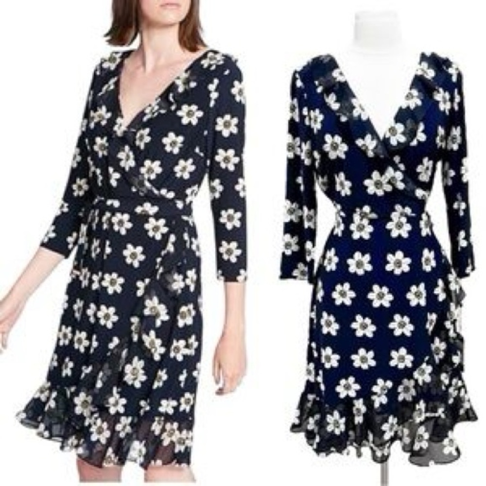 Tommy Hilfiger Faux Midi Wrap Dress Womens 14 Black Floral Rufles Lined Boho